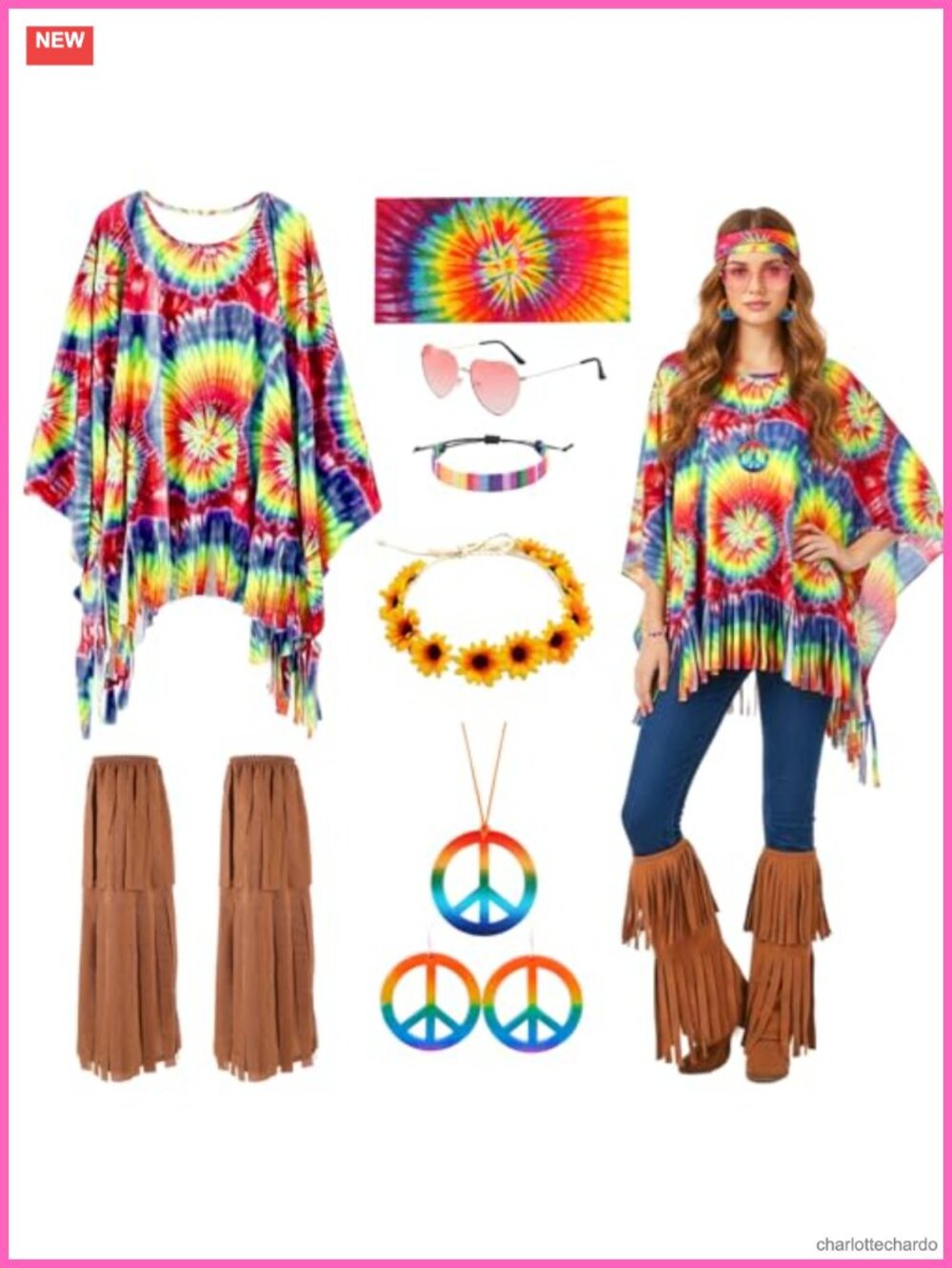 8 Pc 70s Hippie Costume Set Retro Disco Outfit Accessories for Women